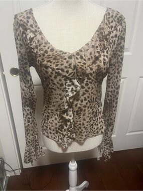 Clio Leopard-Print Ruffle V-Neck Sheer Top - Beige/Brown